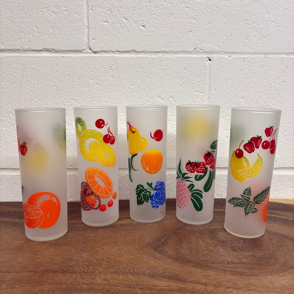 Vintage Federal Glass Frosted Fruit Tom Collins, Highball Glasses